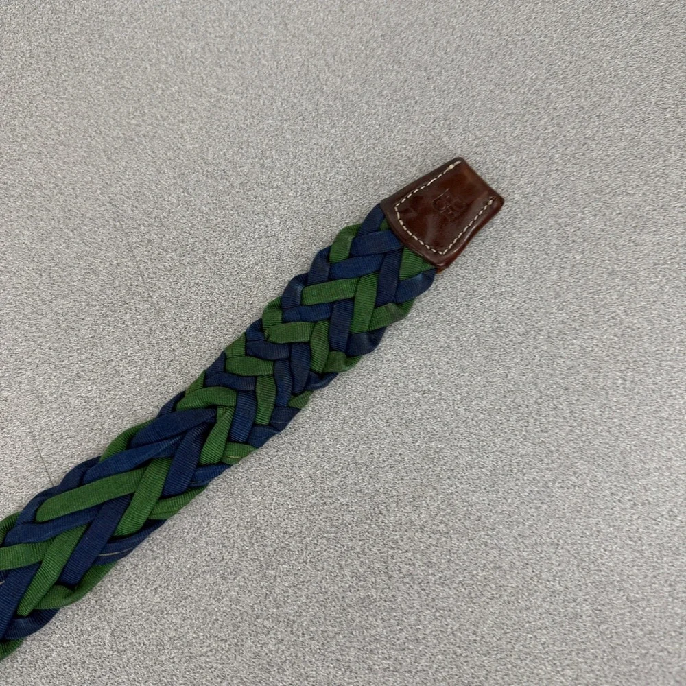 Carolina Herrera Belt Mens Blue Green Braided Woven Leather Trim Spain 46.5
